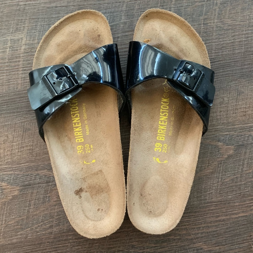 Birkenstock Madrid Birko-Flor Black Patent Leather Sandals Size EU 39